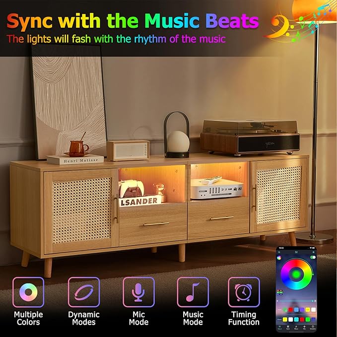 Rattan TV Stand for 70 Inch TV 63 Modern Entertainment Center with LED Light &amp Storage Shelves 2 Drawers and Cabinets Rattan Door Boho TV Stand with Outlet for Living Room Wood