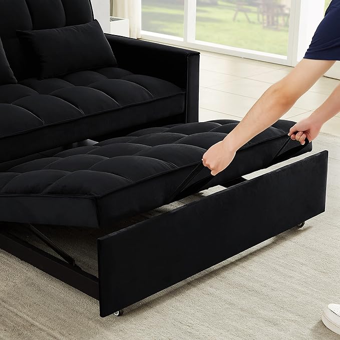 Antetek Convertible Sleeper Sofa Bed 3 in 1 Velvet Loveseat Futon Sofa Couch with Pullout Bed Black 54