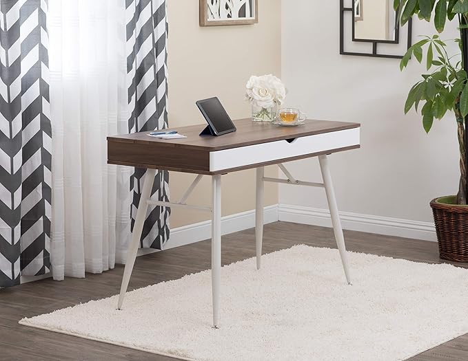 Calico Designs Alcove Modern Desk with Large Split Drawer Storage White/Chestnut