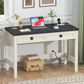 Farmhouse Computer Desk with 2 Drawers 39 Inch Small Office Computer Desk with Power Outlets Compact Writing Study Vanity Desk for Small Spaces Black and White