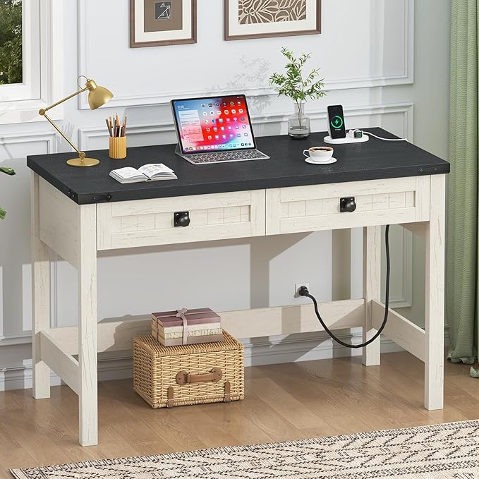 Farmhouse Computer Desk with 2 Drawers 39 Inch Small Office Computer Desk with Power Outlets Compact Writing Study Vanity Desk for Small Spaces Black and White