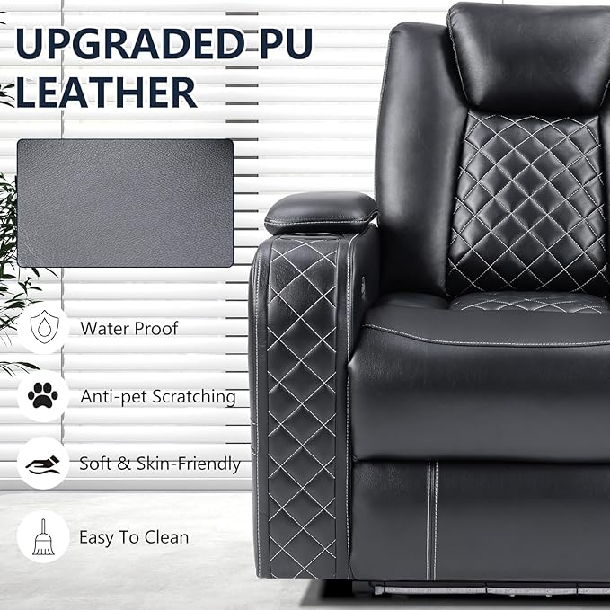 CANMOV Electric Power Recliner Chair Set of 2 with USB/Type-C Ports and Ambient LightingBreathable Faux Leather Home Theater Seating with Adjustable HeadrestCup HoldersHidden Arm StorageBlack
