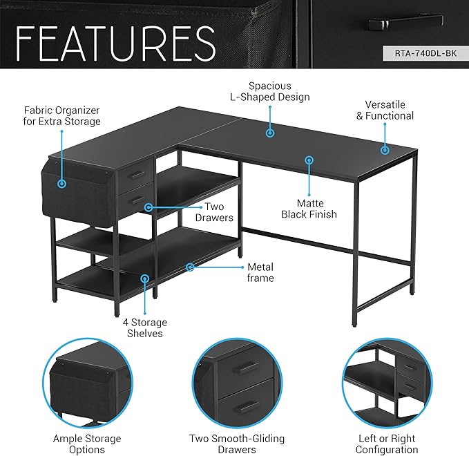 Techni Mobili Modern L-Shaped Desk with Storage Corner Computer Desk for Home &amp Office with 2 Drawers Open Storage Shelves Fabric Organizer &amp Sturdy Metal Frame Black