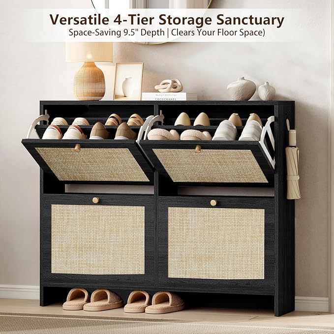 Nicetree Shoe Cabinet Storage for Entryway 4-Flip Drawer Narrow Shoe Rack Organic Modern Rattan Shoe Organizer with Gold Legs Shoe Organizer Fits Men's Size 13.5 Black
