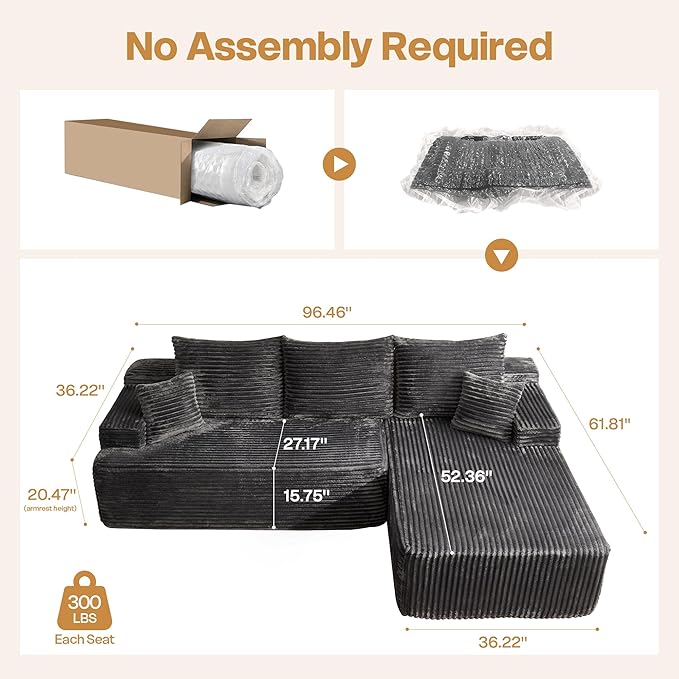 96 LShaped Modular Sectional Sofa Couch - Comfy Upholstered Cloud Couches for Living Room - Modern Minimalist CouchDeep SeatNo Assembly Required (GrayPlush Corduroy Right Facing Chaise) | No Asse