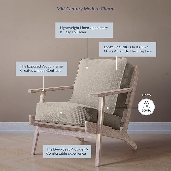 BELLEZE Mid Century Modern Chair with Sturdy Wood Frame Upholstered Linen Arm Chair Easy Assembly Comfortable Accent Chair for Living Room Bedroom Office - Maximus (Gray)