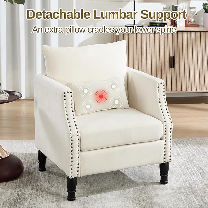 civama Linen Accent Chairs Set of 2 with Lumbar Pillow - Ergonomic Spring Support Upholstered Armchair 300LBS Capacity Nailhead Trim Easy Assembly for Living Room Bedroom Beige