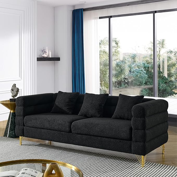 Modern Sofa Couch 81 W Teddy Bouclé Oversized Loveseat Cloud Sofa Upholstered Tufted Comfy Deep Seat Couch with Gold Legs &amp Pillows for Living Room Bedroom Office Apartment((3 Seater Black)