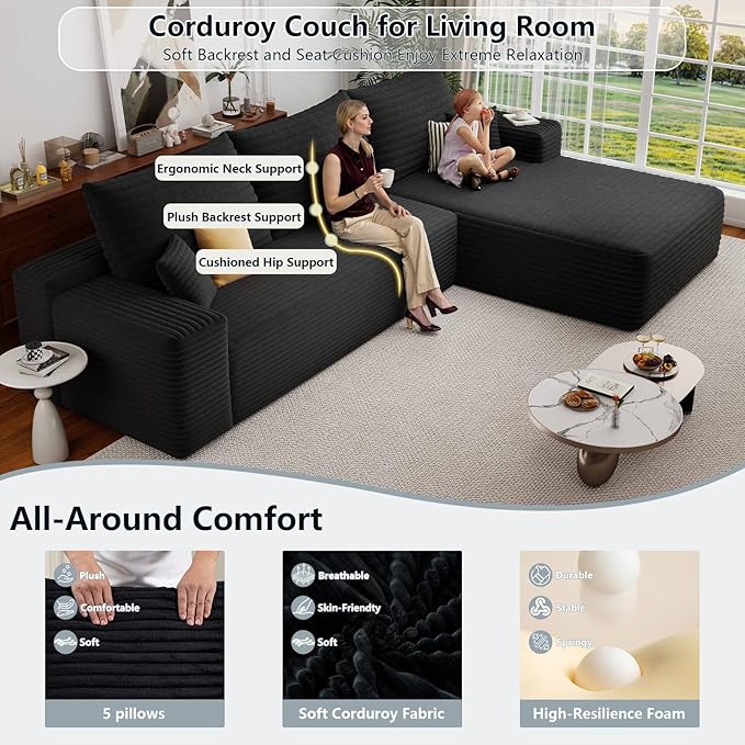 107.5 Cloud Sectional Couch with L-Shape Chaise Corduroy Boneless Couch for Living Room Modern Memory Foam Sofa with Deep SeatNo Assembly Required(Jet Black-Right Facing Chaise)