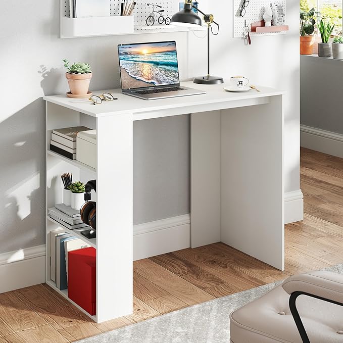 Tangkula Small White Desk with 3-Tier Bookshelf Modern Simple Home Office Desk for Small Space Wooden Writing Desk for Study Living Room &amp Bedroom Compact Laptop PC Workstation (White)