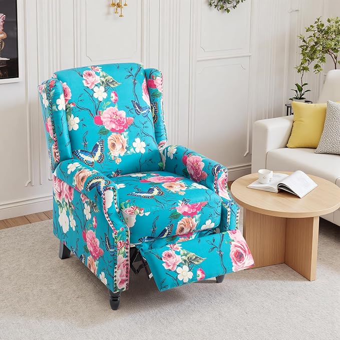 Pushback Recliner Chairs Set of 2 Floral Fabric Wingback Recliner Chair Upholstered Rivet Trim Armchair Push Back Recliner Accent Chair for Small Spaces Living Room Peacock Blue