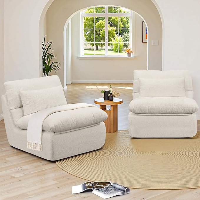 Boneless Single Sofa – 32” Teddy Plush Frameless Lounge Chair with High-Density Foam Support – No Assembly Cloud Couch for Living Room Bedroom &amp Apartment (White)