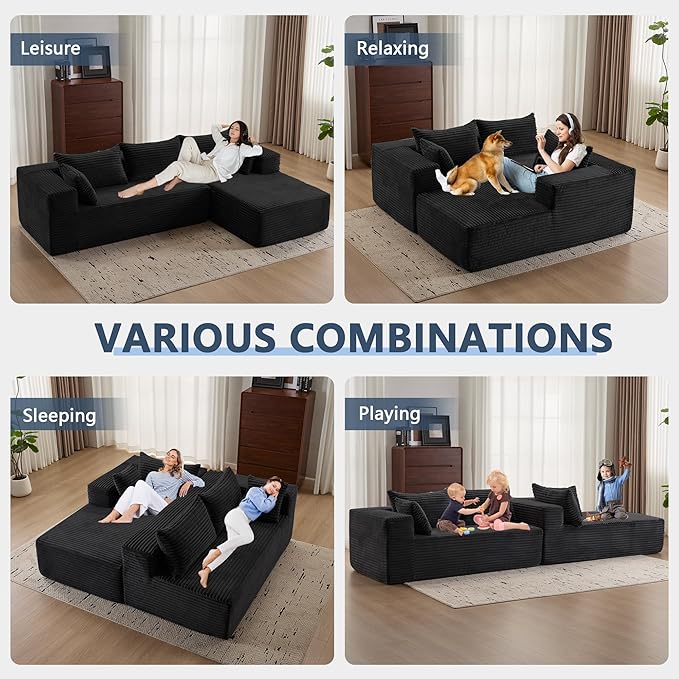 107 Modular Sectional Couch with L-Shape ChaiseBoneless Sofa for Living RoomModern Cloud Couch with Deep SeatNo Assembly RequiredLovesetBlack(Right Facing Chaise)