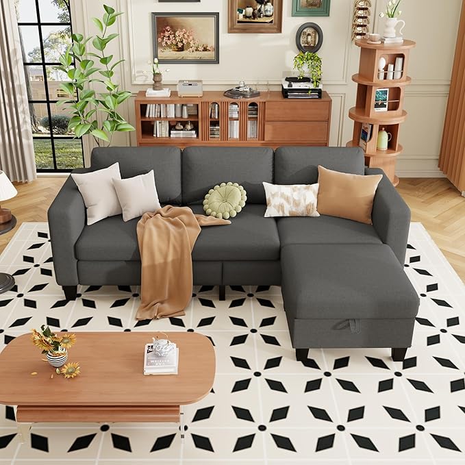 ZeeFu Sectional Sofa Couch with Storage Ottoman 78 L Shaped Modular 3 Seater Couches for Living Room Modern Linen Fabric Set for Small Space Apartment Office