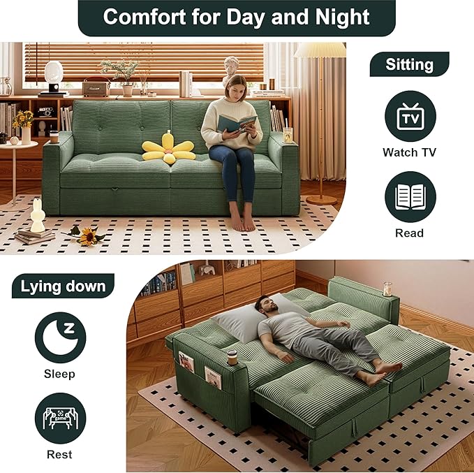 Sleeper Sofa Bed Queen Size Sofa Bed Convertible Pull Out Couch with Adjustable Backrest USB Port and Side Pockets Modern 2 Seater Small Couches for Living Room Space-Saving