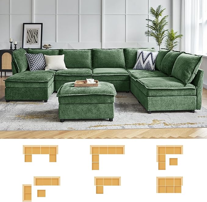 HULALA HOME Modern Chenille Sofa Set Single Seat Sofa 3 Seat Sofa 2 Piece Cloud Couches Set with Storage Comfy Deep Upholstered Armchair Couches for Living Room Apartment Green