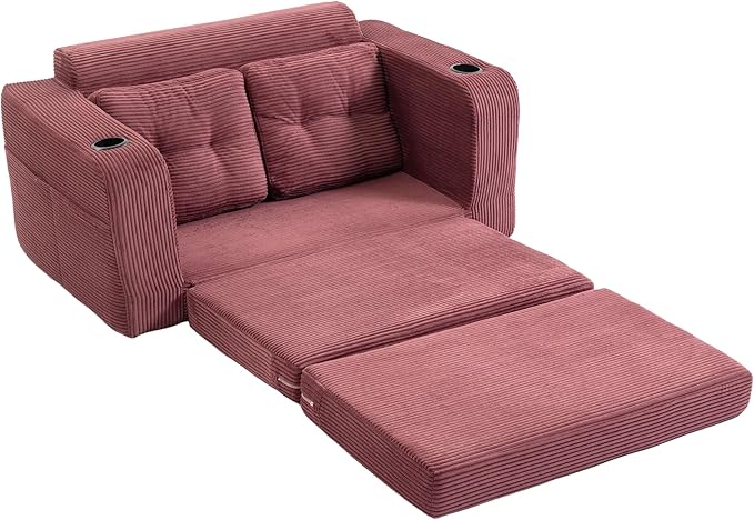 54 Convertible Sofa Bed 2-in-1 Boneless Folding Couch Bed with Cup Holder &amp Pocket Corduroy Fold Out Floor Couch with Pillows for Living Room Bedroom Small Spaces (Wine Red)