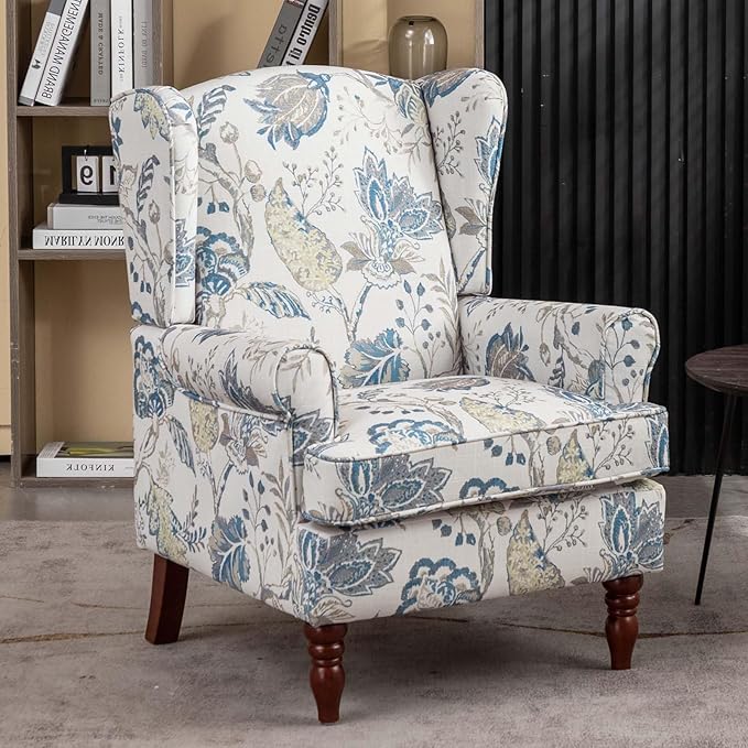 Anwick Modern Floral Accent Chair Upholstered Armchair Wingback Chair with Wooden Legs Single Sofa Reading Chair Accent Chairs for Living Room Bedroom Office (Blue)