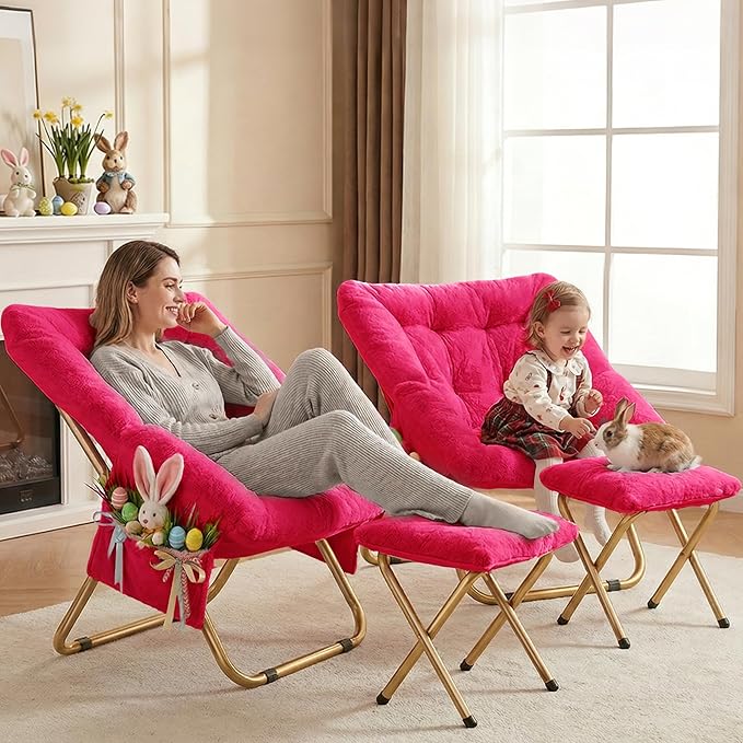 Comfy Saucer Chair Foldable Living Room Chairs Soft Faux Fur Lounge Chair for Bedroom Reading Chairs for Adults Teens X-Large (Hot Pink)