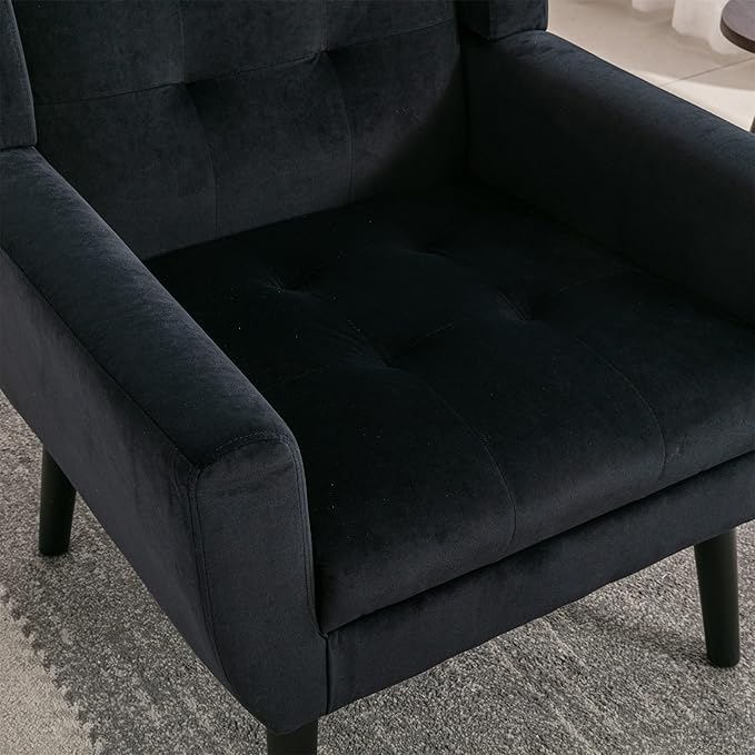 SSLine Velvet Accent Arm ChairMid-Century Modern Upholstered Wingback Single Sofa Armchair Club Chair with Solid Wood Legs Thick Cushion for BedroomReadingLiving Room Chair (Black)