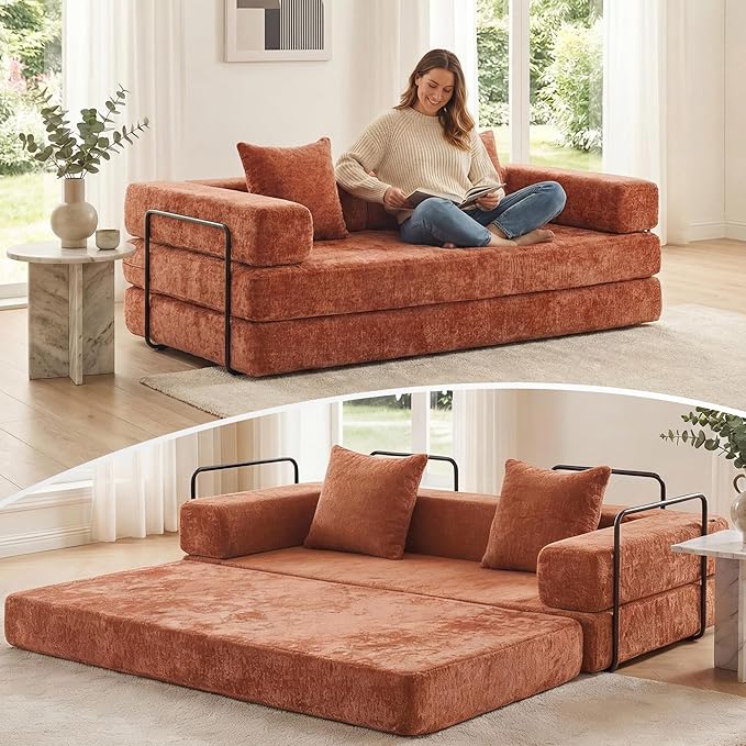 WELAX 77 Convertible Sleeper Sofa Bed Boneless Cloud Queen Futon Couches with 2 Pillows &amp Removable Armrests Chenille Folding Floor Couch No Assembly for Bedroom Living Room Orange