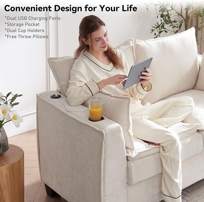 65 Pull Out Sofa Bed Sleeper Sofa Couch 2-in-1 Convertible Chenille Loveseat with USB Charging Ports and Memory Foam Mattress Full Size Pullout Bed for Living Room Apartment or Office Beige