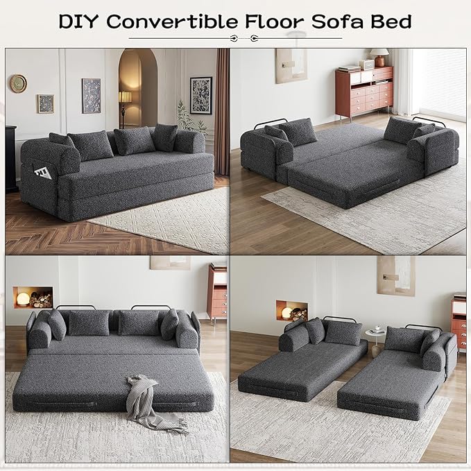 Convertible Floor Sofa Bed 79 Compression Sofa Foldable Sleeper Couch Bed Modular Sectional Comfy Loveseat 4-Seater No Assembly Required for Living Room Guest Room Chenille Fabric Grey
