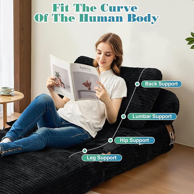 Folding Sofa Bed Convertible Sleeper Chair with Pillow Back Support Foldable Corduroy Futon Floor Couch Comfy Fold Out Chair Bed for Living Room Bedroom Dorm Black