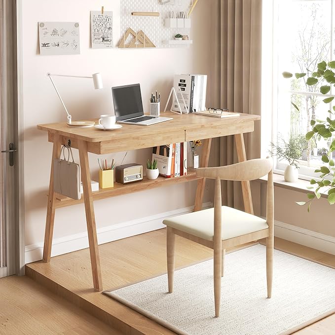 Solid Wood Desk with Drawers - 47.2 Inch Writing Desk with Drawers &amp Storage Shelf Simple Modern Study Table Home Office Computer Desks for Bedroom &amp Home Natural Boho Desks