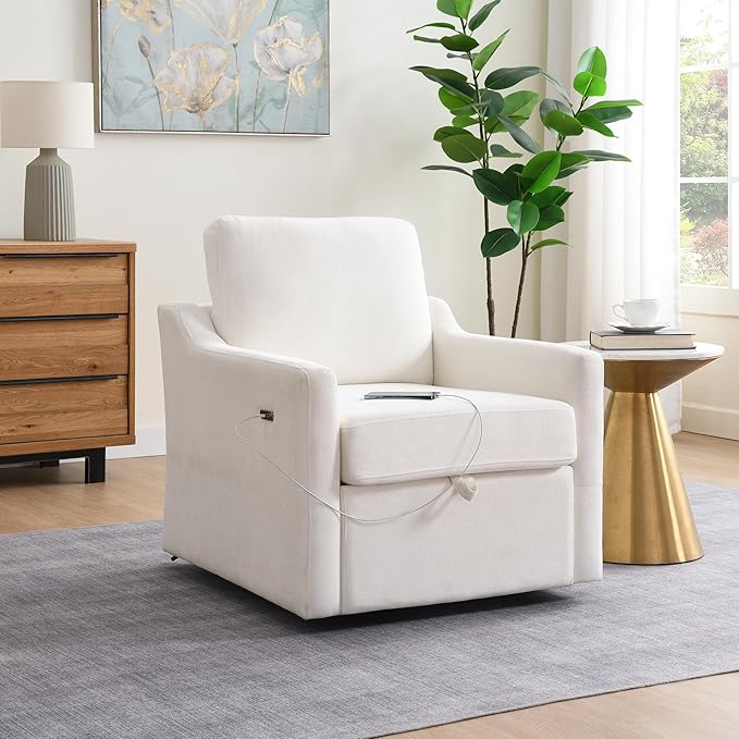 Swivel Accent Chair 360° Swivel Comfy Upholstered Seat for Living Room Bedroom Office with Hidden Storage &amp Dual USB-C Ports Chenille Fabric 300lbs Capacity White