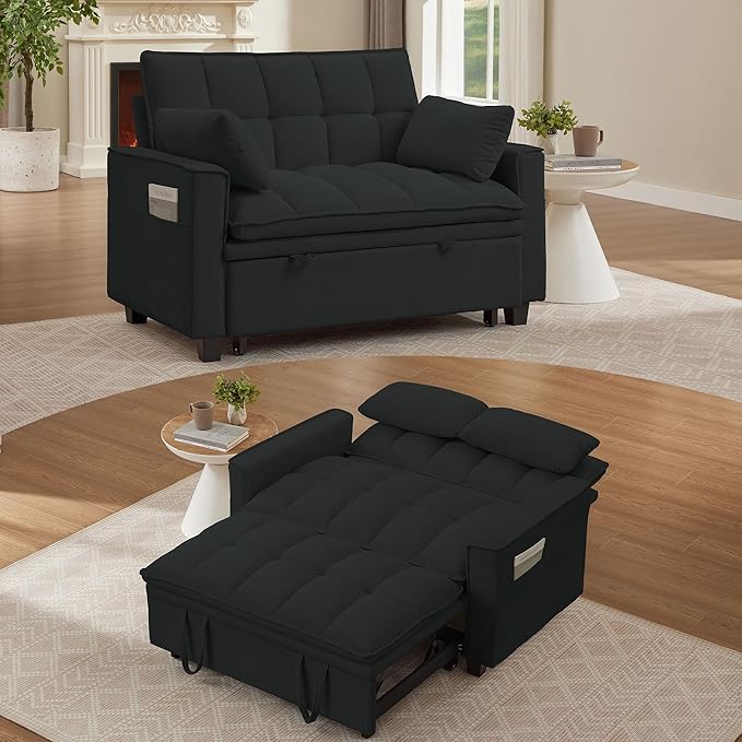 Futon Sofa Bed3 in 1 Convertible Sleeper Sofa with Pull Out BedSmall Loveseat with Adjustable BackrestLinen Futon Couches for Living RoomBlack