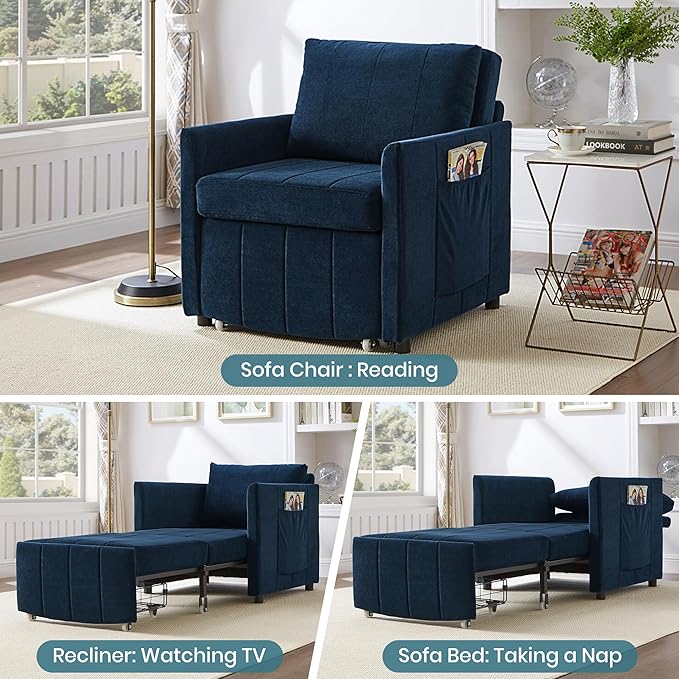 Ball &amp Cast Convertible Pull-Out Sleeper Sofa BedChenille Upholstered Pull Out Couch Chair3 in 1 Single Sofa Chair W/Storage Basket and Side PocketRecliner Chaise Lounge for Living RoomBlue31