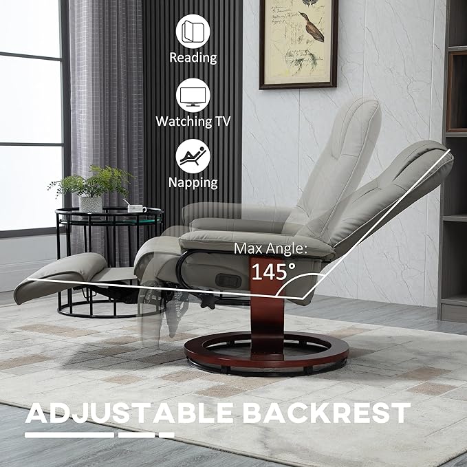 Faux Leather Manual Recliner with Swivel Wood Base White Upholstery Comfortable and Stylish for Living Room or Office