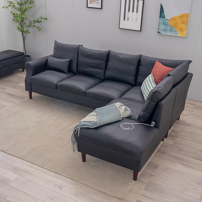 Panana Upholstered Sofa Couch Linen Fabric/Artificial Leather L Shaped Corner Sectional Modern Living Room Sofa (Black Faux Leather 6 seat Right Corner with Built-in USB Port)