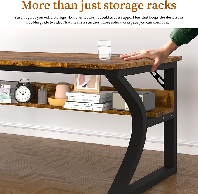 55'' Computer Desk w/Storage &amp Cable Management Home Office Desk w/Sturdy U-Shaped Metal Frame &amp Water-Resistant Scratchproof Surface Study Writing Desk for Office &amp Bedroom Rustic Brow