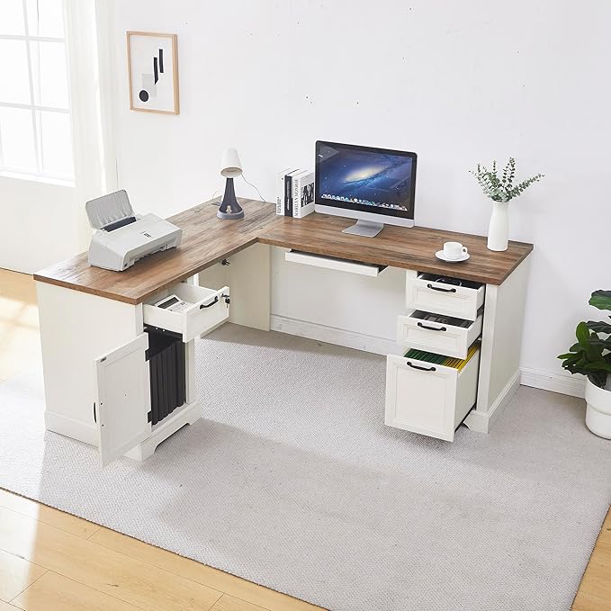 L-Shaped Executive Desk with Keyboard Tray 69” Farmhouse Corner Desk with Lockable Drawers Adjustable File Cabinet &amp Built-in Charging Station Rustic Home Office Desk (69)