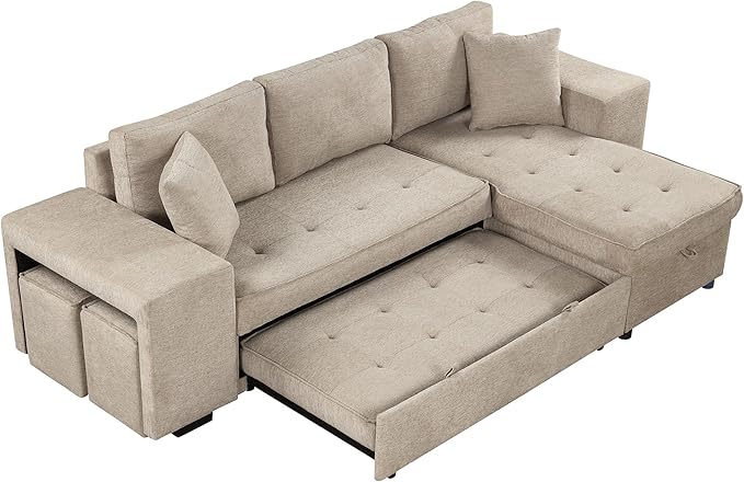 Ball &amp Cast 104 L-Shape Sectional Sofa with Storage Chaise and 2 StoolsPull-Out Bed3-Seat Chenille Reversible Couch w/Storage Armrestfor Living RoomApartmentCream