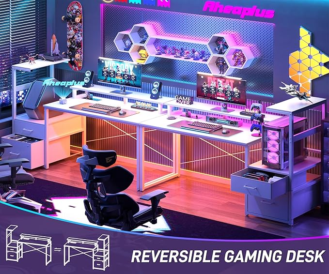 Aheaplus Gaming Desk with LED Strip &amp Power Outlet 59Inch Reversible Computer Desk with Monitor Stand &amp Storage Shelves Home Office Desks with Fabric File Drawer Gamer Table PC Desk White