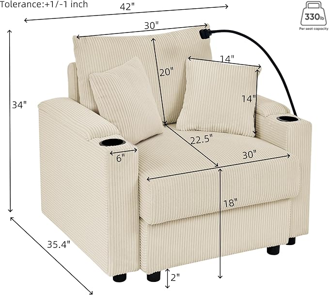 42 W Comfy Living Room Chair with Storage Armrest Corduroy Accent Chair with Two Cup Holders Oversized Reading Chair with A Phone Holder Rack for Living Room (Beige)