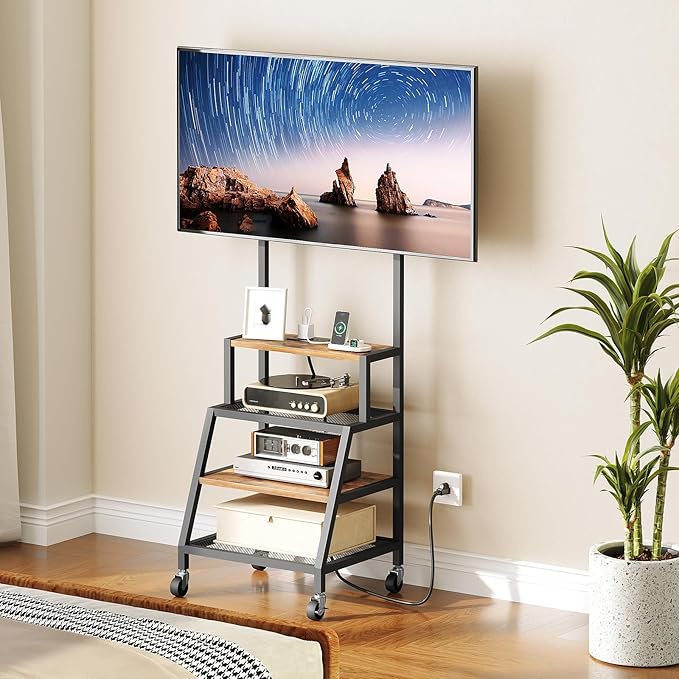 Rolling TV Stand with Mount Corner TV Console with Wheels Up to 55 Inches Entertainment Center with Storage Small TV Stand with Power Outlet for Living Room Rustic Brown TVHR117E01
