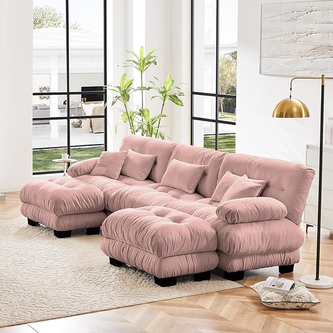 U Shaped Couch Modular Sectional Sofa Modern Deep Seat Cloud Couch 3-Seater Modular Couches for Living Room Comfy Chenille Sofa Bed with Round Armrests 5 Pillows Pink Sofas for Bedroom