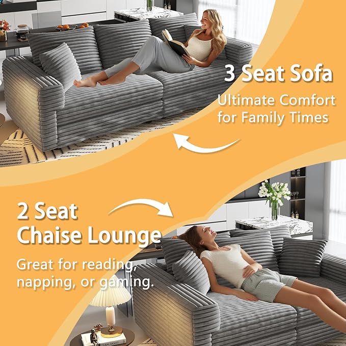 82.7'' Oversized Corduroy Couch Modular Sectional Sofa with Ottoman Upholstered 3 Deep Seat L Shape Sofa Convertible Cloud Couches with Chaise Lounge for Living Room Apartment Gray