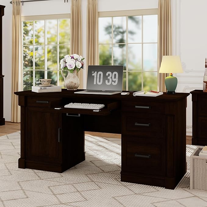 blini Large Farmhouse Executive Desk with DrawersWood Computer DeskEmbossed Texture Home Office Desk with File Cabinet Storage Cable Management Keyboard TrayWorking Table for Work Study Writing