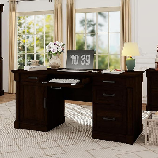 blini Large Farmhouse Executive Desk with DrawersWood Computer DeskEmbossed Texture Home Office Desk with File Cabinet Storage Cable Management Keyboard TrayWorking Table for Work Study Writing