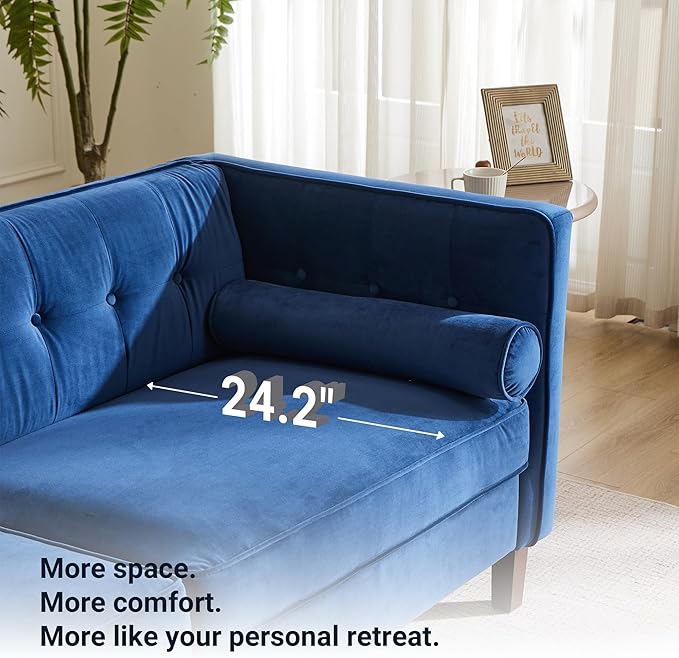 Dreamsir 58'' W Velvet Sofa Mid-Century Modern Love Seats Sofa Furniture with Two Bolster Pillows Button Tufted Couch for Living Room Easy Assembly (Loveseat Blue)