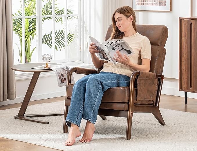 Mid Century Modern Accent Chair with High BackUpholstered Armchair with Solid Wood Frame &amp Soft Cushion for Living RoomBedroomBelconySunroomBrown