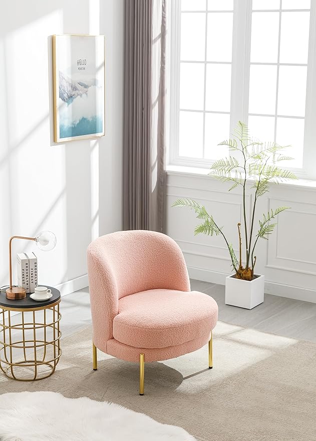 Generic 28.4 W Accent Chair Upholstered Curved Backrest Reading Chair Single Sofa Leisure Club Chair with Golden Adjustable Legs for Living Room Bedroom Dorm RoomPink Boucle