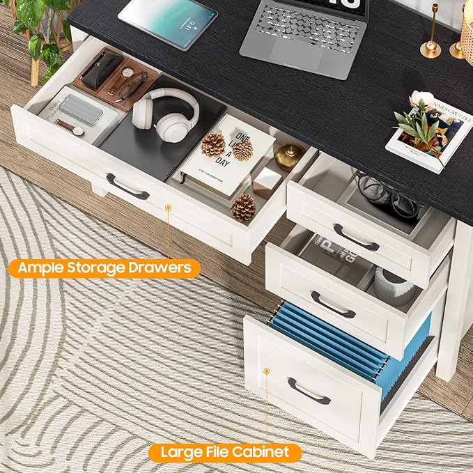 Vabches Farmhouse 47 Executive Desk with 4 Drawers Computer Desk with File Drawer and Charging Station Workstation for Home Office Study.（Black）
