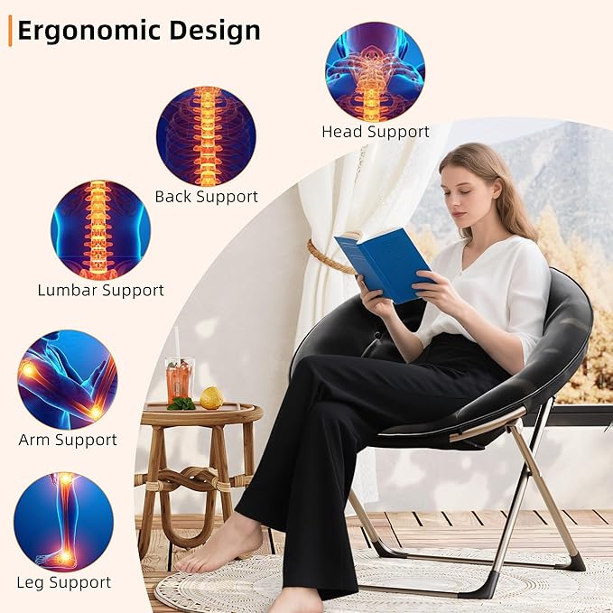 IDEALHOUSE Comfy Folding Padded Saucer Chair Folding Circle Chair with Metal Frame Soft Moon Chair for Bedroom Dorm Rooms Apartments Lounging Garden and Courtyard Black