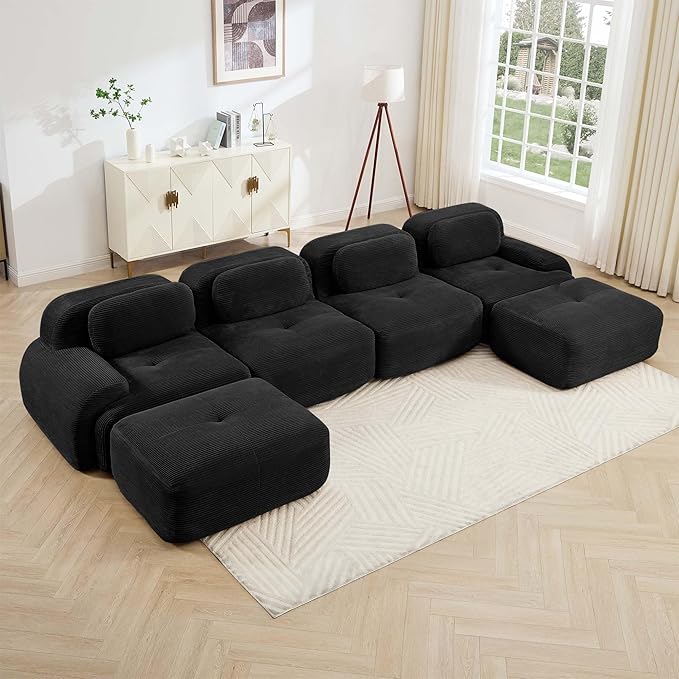 Cloud Sectional Couch Boneless U Shaped Couch 152.7'' Modular Sectional Sofa with Ottoman Modular Cloud Sofa 4 Seater Corduroy Deep Seat Couches for Living Room No Assembly Couches Black